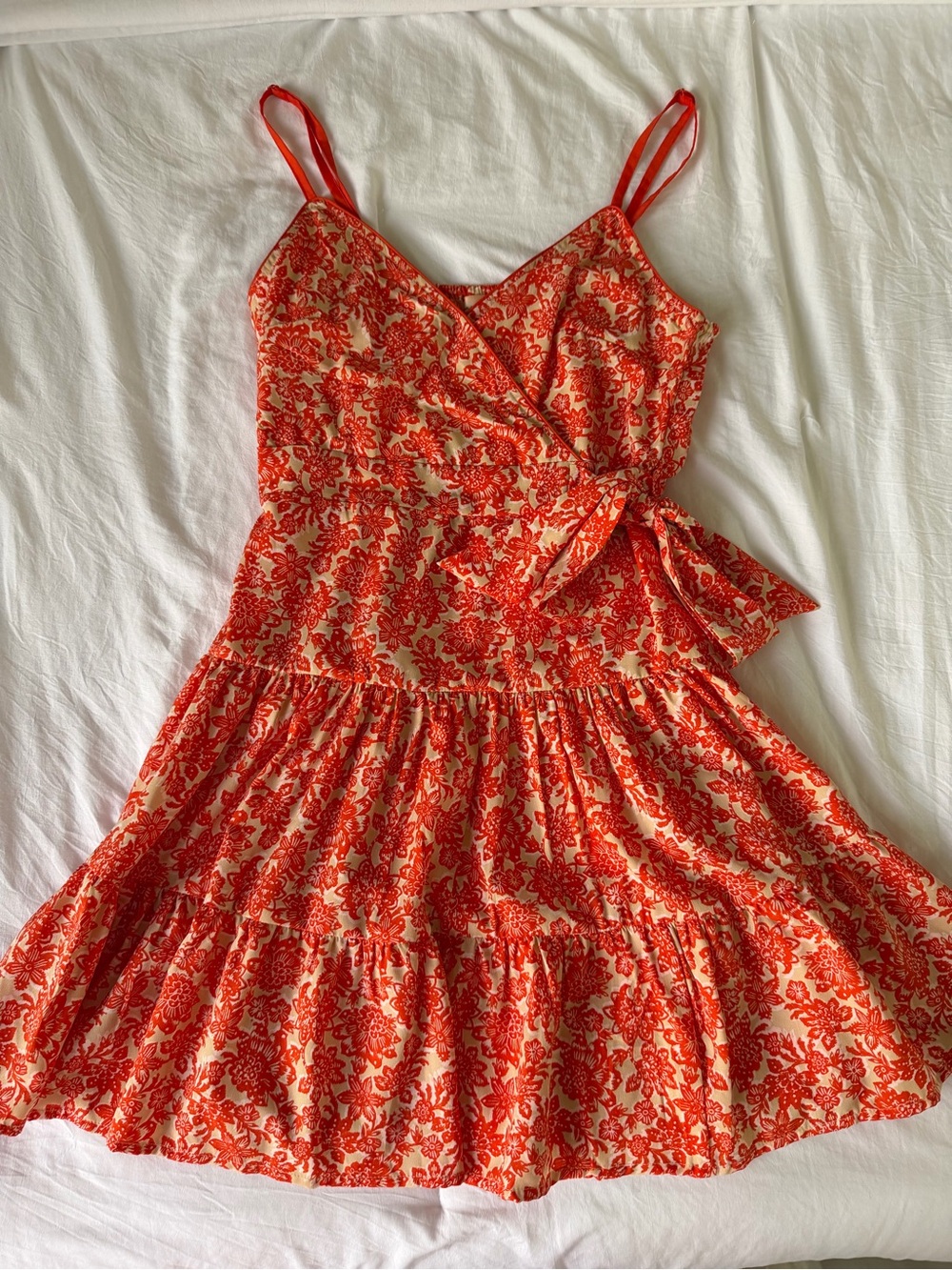 Orange Floral Wrap Sundress with Tie Waist